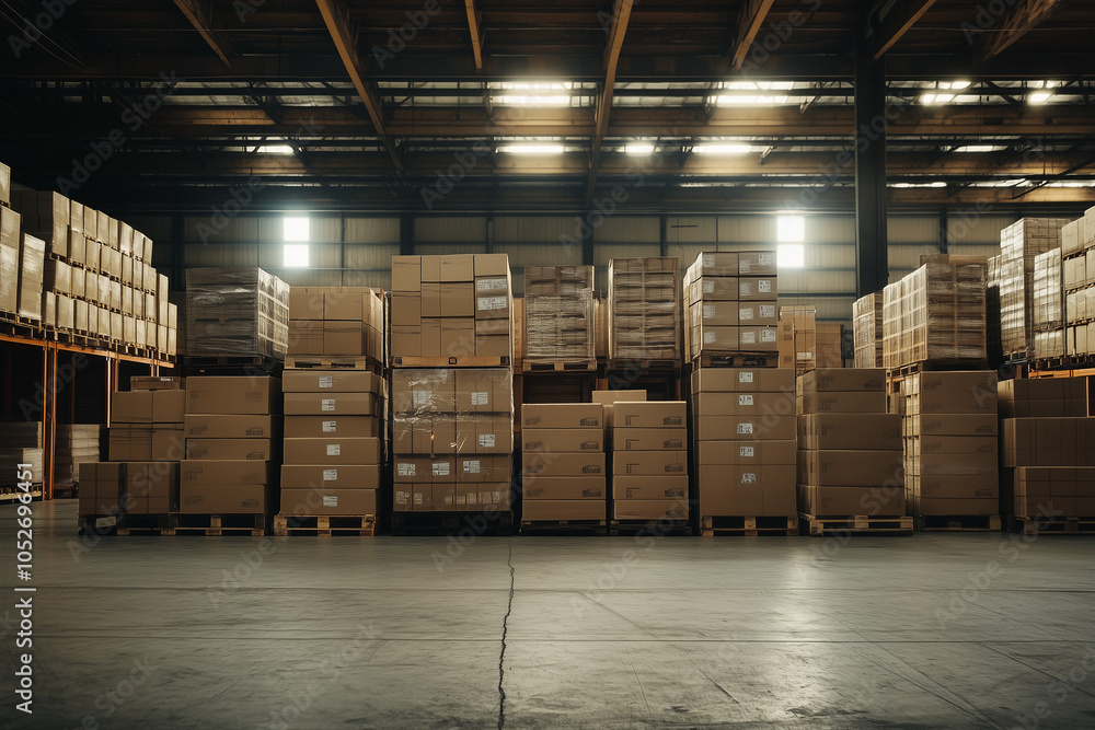 Large stacks of cardboard boxes on pallets in a spacious warehouse, representing logistics, storage, and inventory management Large stacks of cardboard boxes on pallets in a spacious warehouse, representing logistics, storage, and inventory management