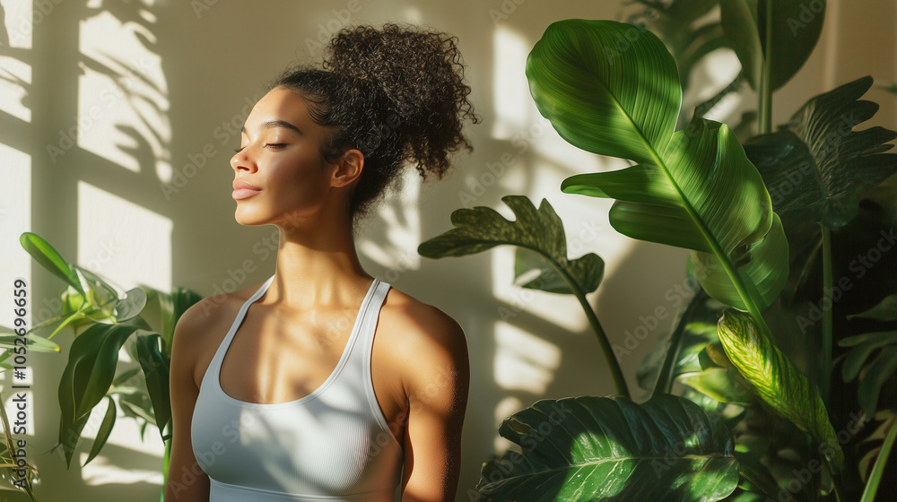 Young woman in a peaceful moment surrounded by indoor plants, enjoying sunlight and nature in a cozy, tranquil space Young woman in a peaceful moment surrounded by indoor plants, enjoying sunlight and nature in a cozy, tranquil space