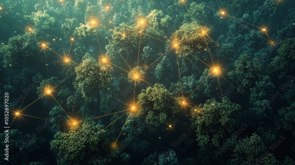 A stunning forest canopy with shining interwoven nodes, representing interconnectedness, technological advancement, and natural beauty in a dynamic modern style. A stunning forest canopy with shining interwoven nodes, representing interconnectedness, technological advancement, and natural beauty in a dynamic modern style.