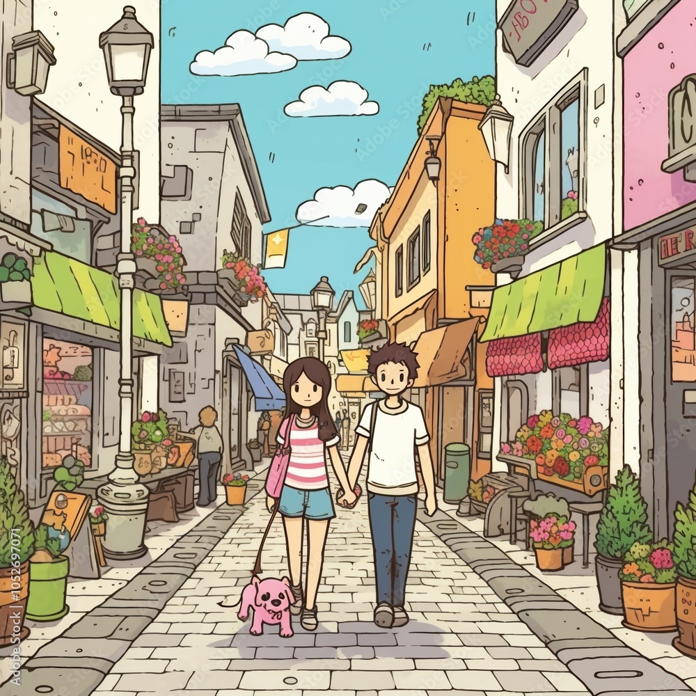 Obraz premium Young couple strolling with a pink dog through a charming, colorful street on a sunny day.