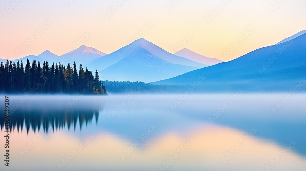 A panoramic view of a vast lake surrounded by majestic mountains and lush greenery, with a layer of mist enveloping the foreground A panoramic view of a vast lake surrounded by majestic mountains and lush greenery, with a layer of mist enveloping the foreground