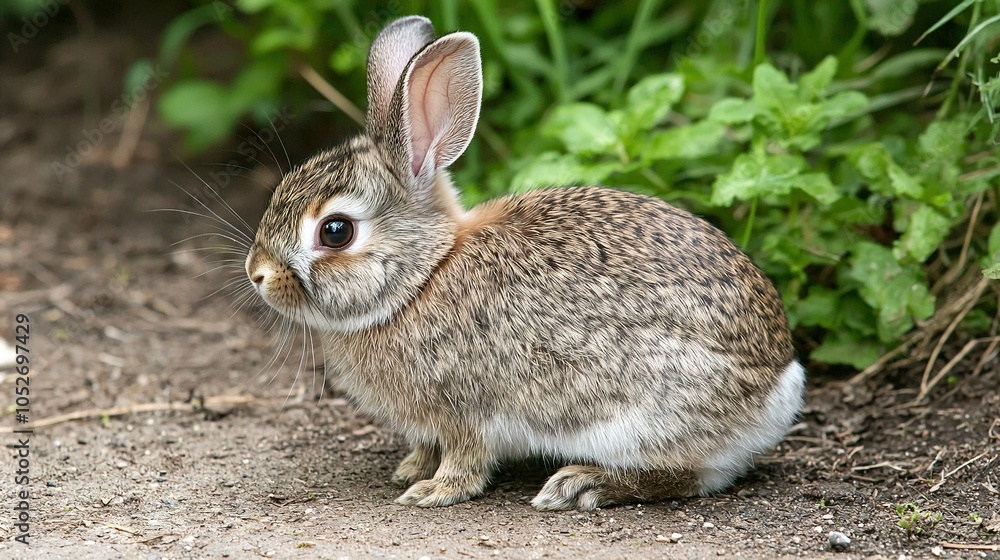 A brown-and-white rabbit sits atop dirt, surrounded by green foliage and a white-and-black cat A brown-and-white rabbit sits atop dirt, surrounded by green foliage and a white-and-black cat