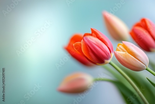 A lush bouquet of tulips gently swaying. Contrasted with a soft, blurred background #1052697481