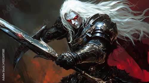 Intimidating white-haired vampire lord in gothic plate armor wielding fearsome glaive weapon with inhuman crimson eyes. Vampire Lord. Illustration
