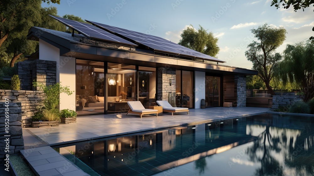 Modern house with a swimming pool and solar panels on the roof, set in a lush green landscape. Modern house with a swimming pool and solar panels on the roof, set in a lush green landscape.