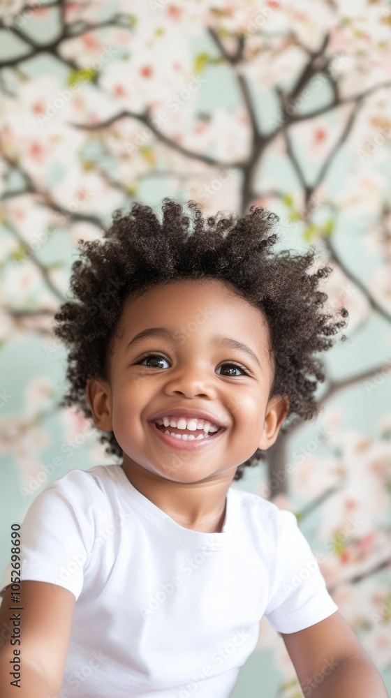 Happy Child Smiling in Front of Floral Background Happy Child Smiling in Front of Floral Background