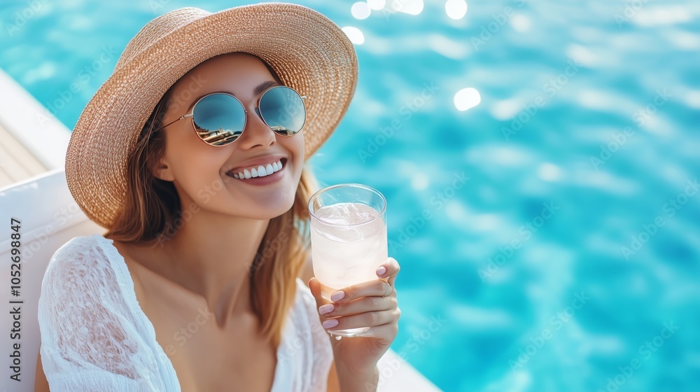 A woman enjoying a refreshing drink while relaxing on a boat in vibrant blue waters on a sunny day A woman enjoying a refreshing drink while relaxing on a boat in vibrant blue waters on a sunny day