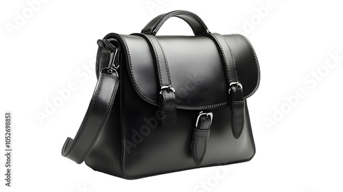 Casual black leather women's bag, isolated cutout object with shadow on white background