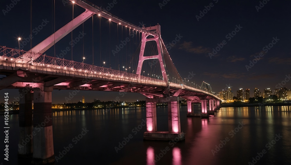 Fototapeta premium Evening view of the Puente de la Mujer bridge in Buenos Aires, lit with pink lights.