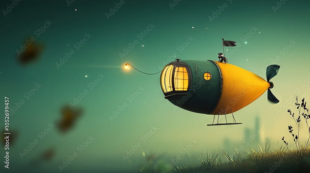 Obraz premium An image depicts a yellow and black fish suspended mid-air, illuminated by a light attached to its head A person stands atop the creature