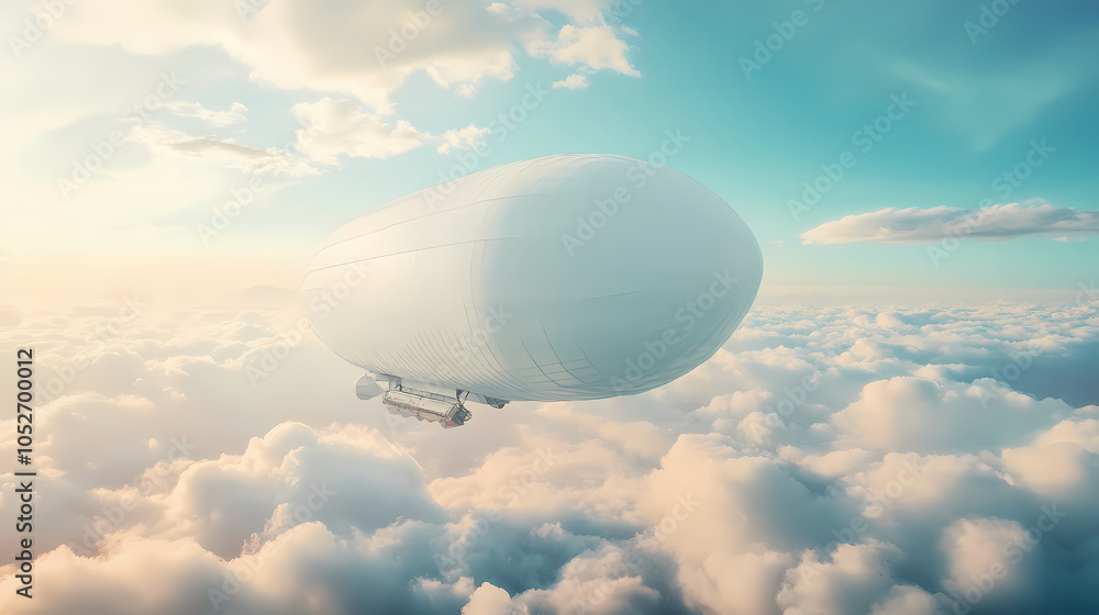 Massive white airship floating in a bright sky above the clouds. Floating Airship. Illustration Massive white airship floating in a bright sky above the clouds. Floating Airship. Illustration