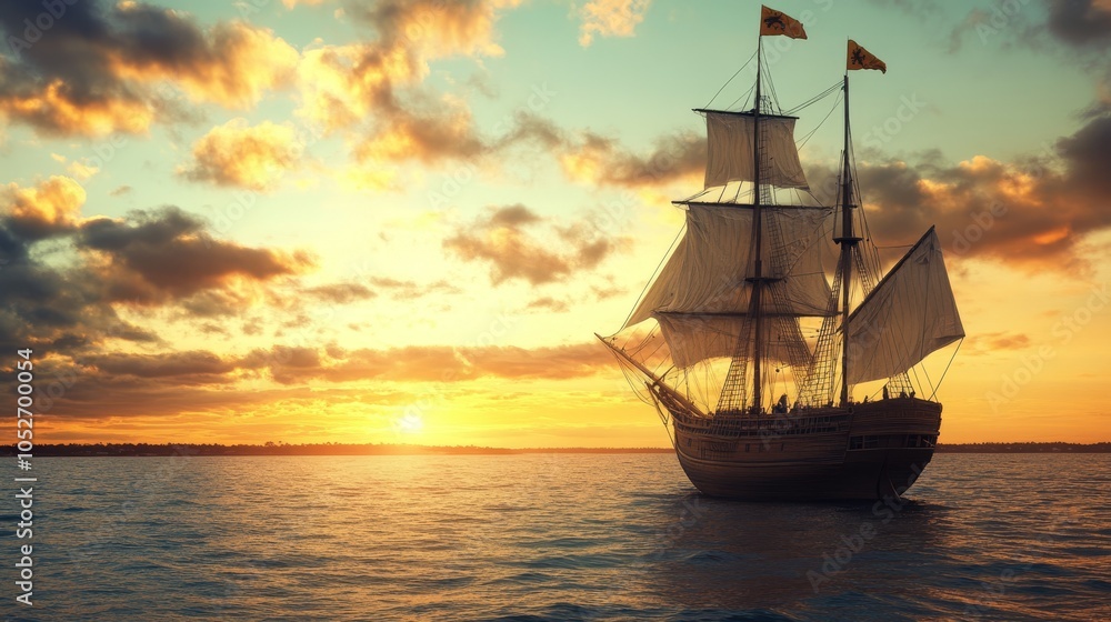 Obraz premium Majestic Sailboat at Sunset on Tranquil Waters