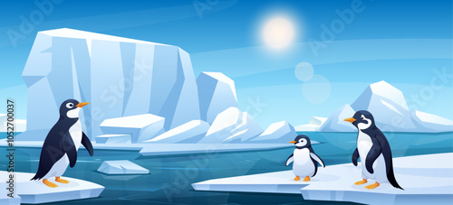 Arctic landscape with penguins floating on iceberg. Vector horizontal illustration of snowy Northern polar nature with ocean, glaciers, penguin. Ice floating on cold deep water. Global warming concept