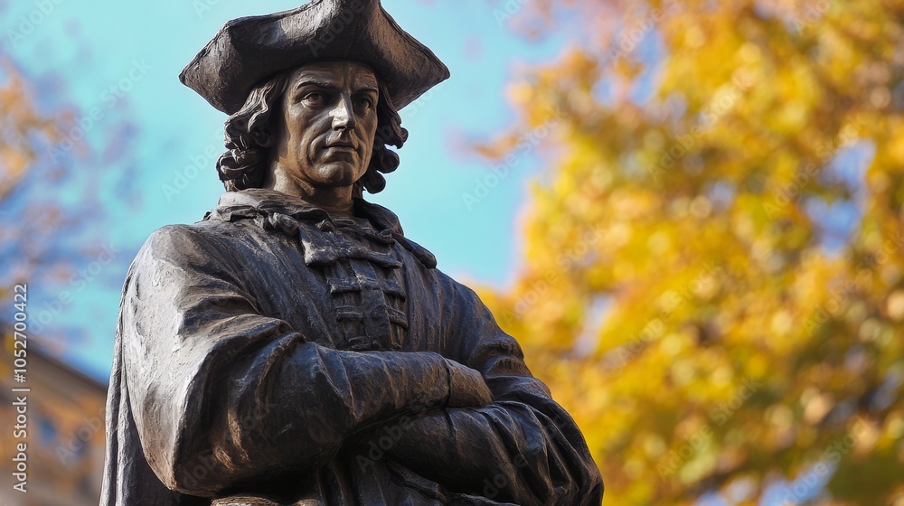 Fototapeta premium Bronze Statue of Historical Figure Surrounded by Autumn Foliage
