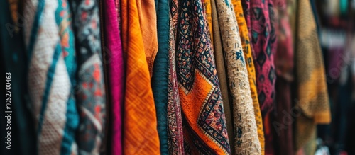 Colorful patterned fabrics hanging in a row.