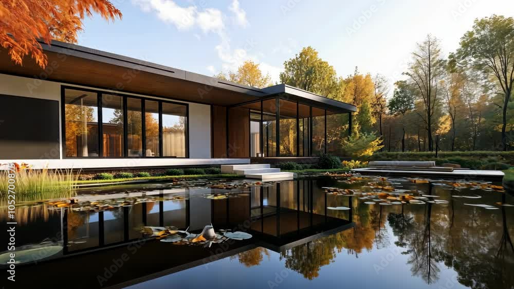 A modern house with large windows overlooking a pond surrounded by trees in the fall A modern house with large windows overlooking a pond surrounded by trees in the fall