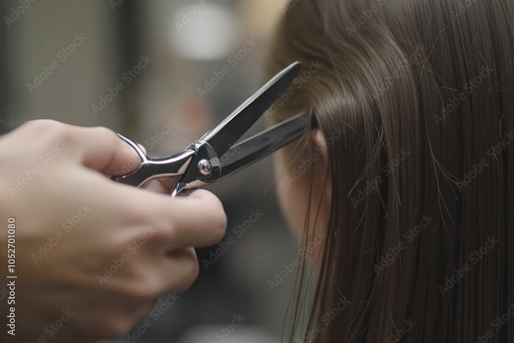 Obraz premium Precision Haircut: Hand Holding Scissors Near Hair Strand, Blurred Background