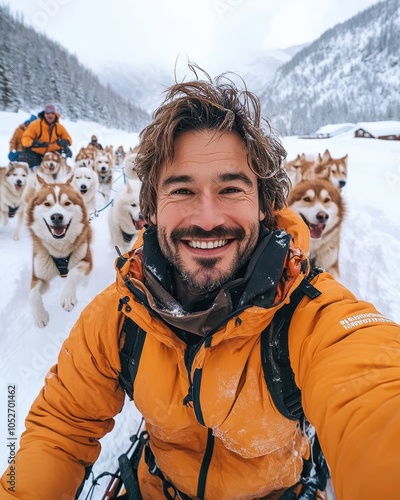 Siberian Husky Dog Team Pulling a Sledge Through Snow at Sunset with White Mountains in the Background, Athlete Participating in an Extreme Sport Competition, Real Photograph

 photo