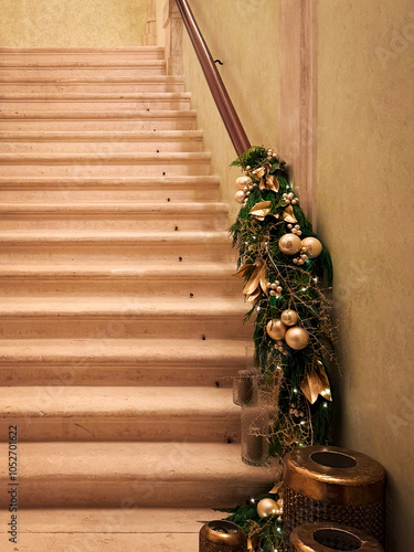 Scala con decorazioni natalizie eleganti e ornamenti dorati photo