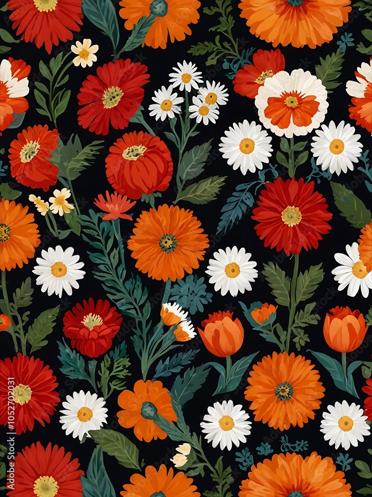 Floral pattern with red, orange, and white flowers Floral pattern with red, orange, and white flowers