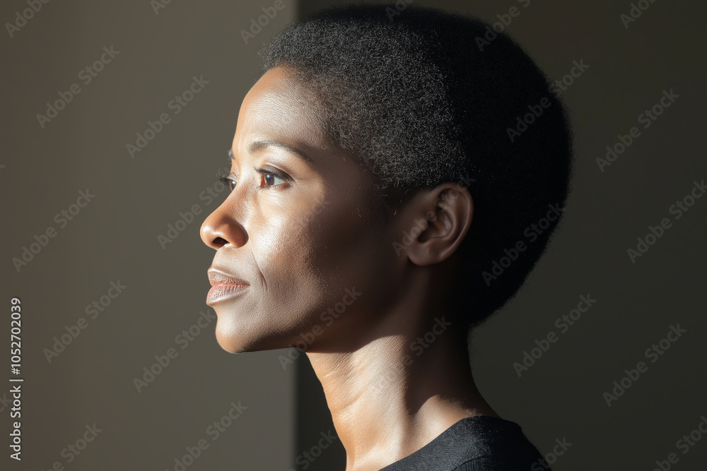 A mature black woman looking out of the window in her home, with a shadowy room