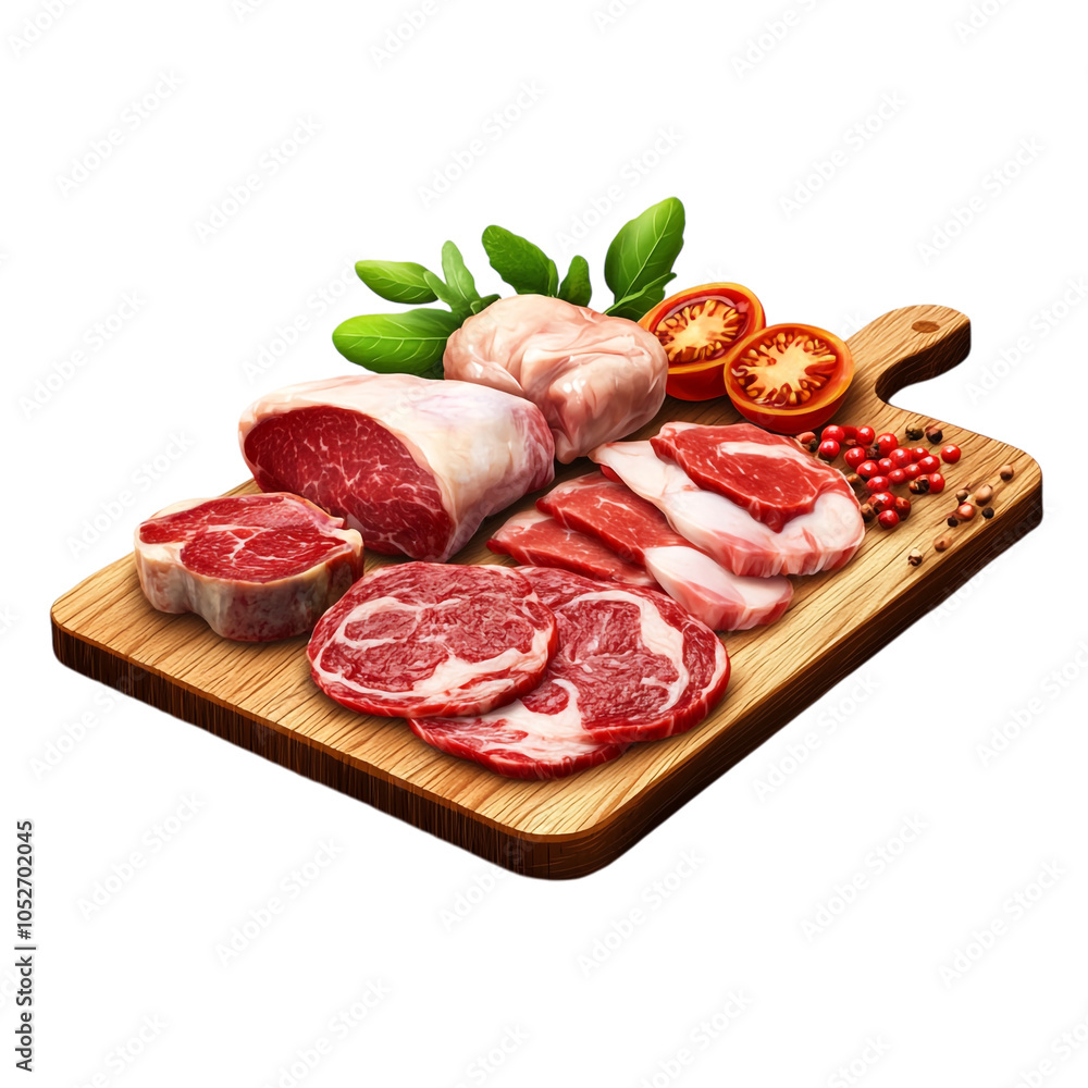 Meat Cut and Slices on a Wooden Board transparent background Meat Cut and Slices on a Wooden Board transparent background