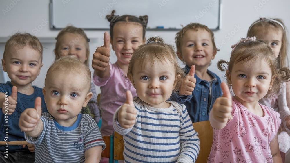 Classroom group of smiling children making thumbs-up gestures in playful setting Classroom group of smiling children making thumbs-up gestures in playful setting