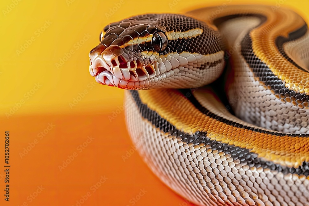 Ball Python coiled in realistic portrait against vivid blue backdrop, highlighting textures and lighting with generous space for additional elements. Ball Python coiled in realistic portrait against vivid blue backdrop, highlighting textures and lighting with generous space for additional elements.