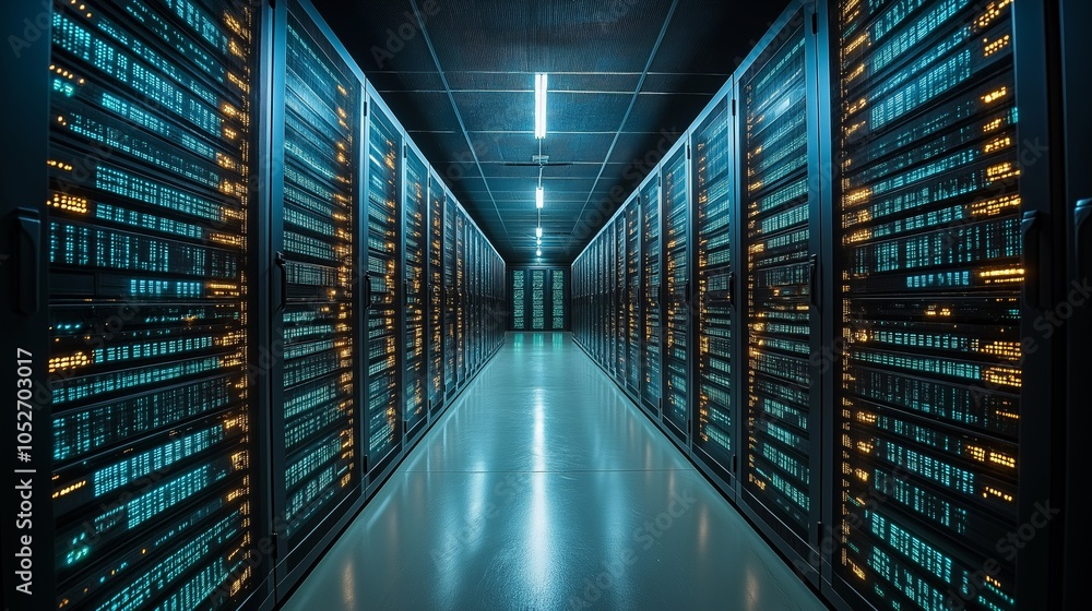 Obraz premium Long hallway in a data center with illuminated servers, representing data storage, cybersecurity, and the backbone of modern digital infrastructure, Generaitve AI