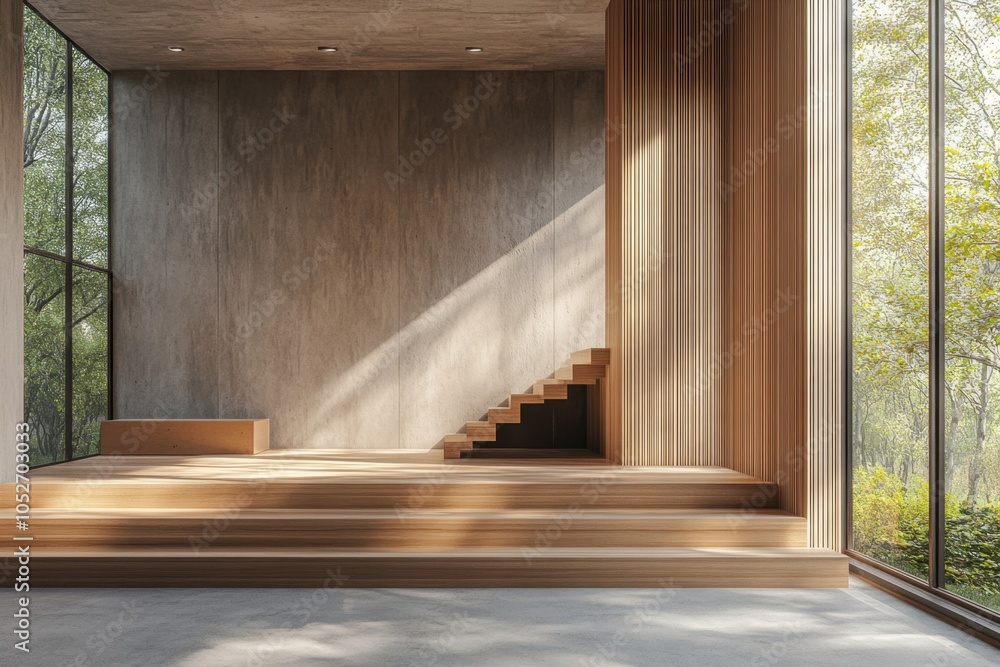 A room with a staircase and a bench. The room is empty A room with a staircase and a bench. The room is empty