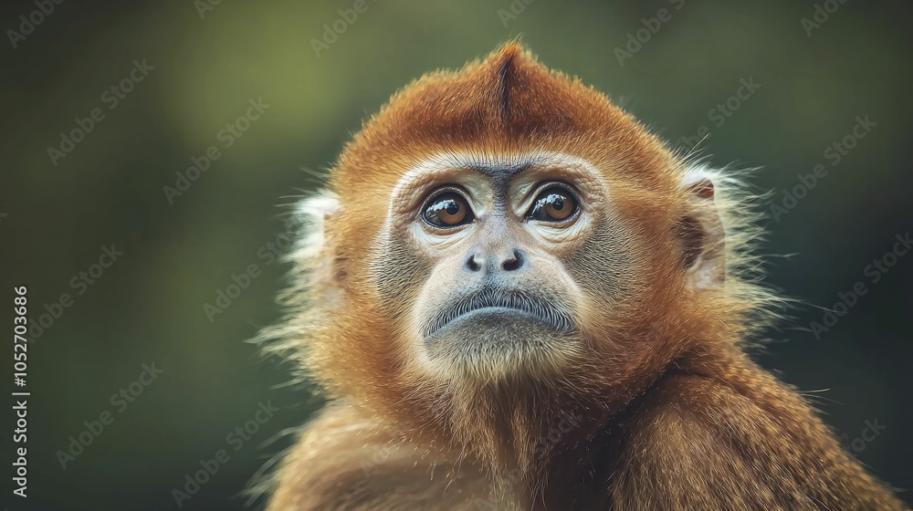 Fototapeta premium Golden Snub-Nosed Monkey realistic portrait with high-contrast colors, emphasizing textures and lighting, ample negative space for text.