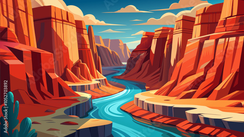 A stunning canyon landscape featuring a winding river surrounded by towering red rock formations under a bright blue sky