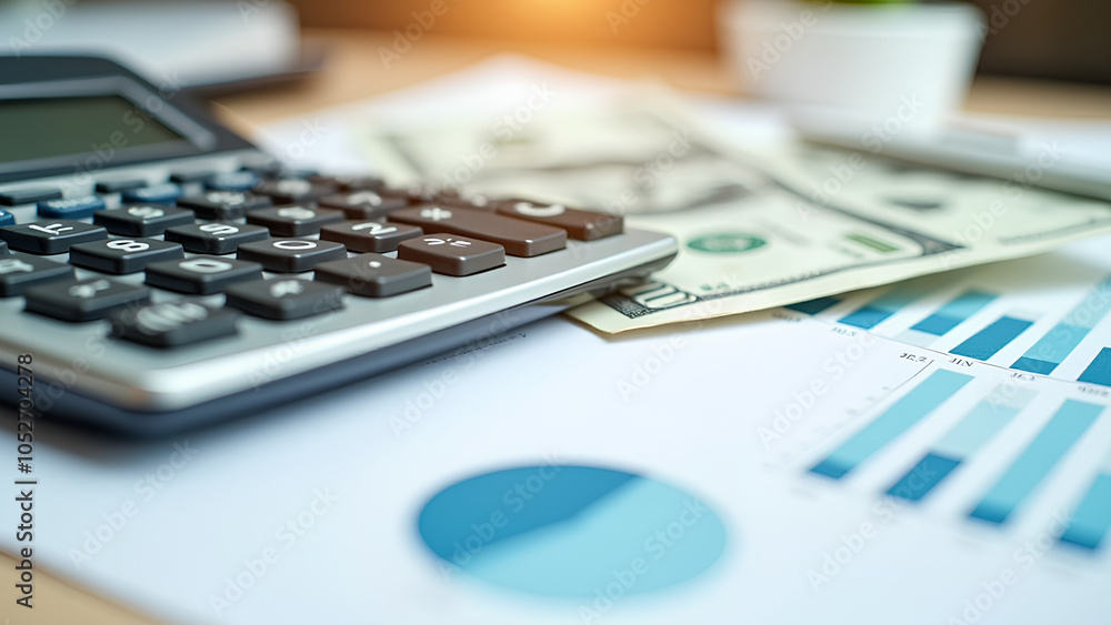 Financial planning illustrated by calculator, cash and papers with chart on the table Financial planning illustrated by calculator, cash and papers with chart on the table