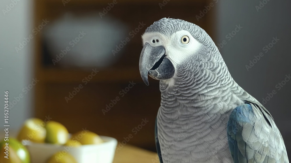 Obraz premium Realistic portrait of African Grey Parrot under dramatic lighting. Bold colors enhance contrast, providing room for text while ensuring harmony.