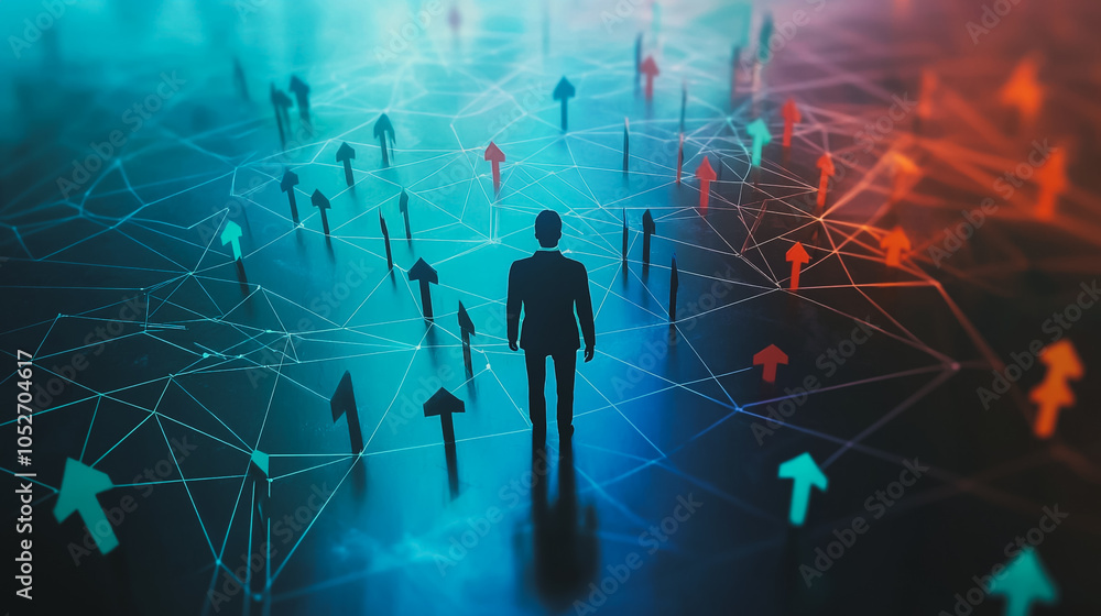 abstract business man stands on the peak of success amid tall, innovative Arrows point the way to success. and graphs with statistics to analyze business potential and predict future developments in abstract business man stands on the peak of success amid tall, innovative Arrows point the way to success. and graphs with statistics to analyze business potential and predict future developments in