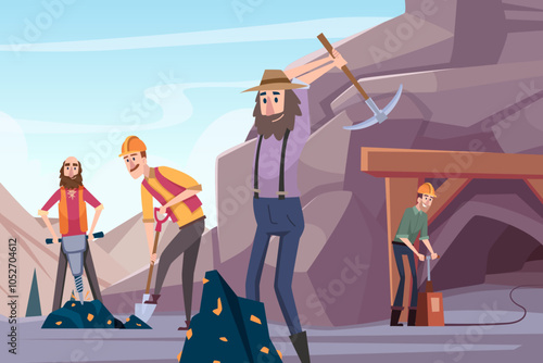 mining workers. miners in active poses mining treasures gem or gold