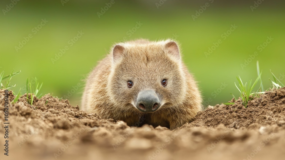Fototapeta premium Wombat digging showcased in vivid portrait photography, striking colors enhancing contrast, ample text space, minimalist design with intriguing depth.