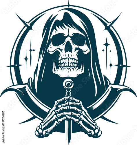 Grim Reaper Skeleton Holding Sword in Dark Gothic Art Style with Circular Background and Stars