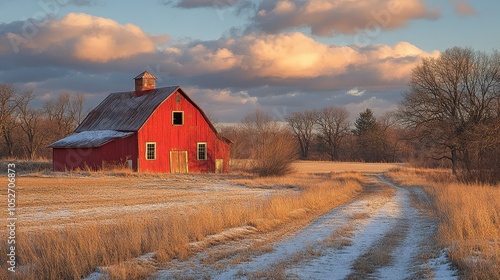 Red Barn and Silo on a Farm in the Midwestern American Prairie with Blue Sky and Clouds, Rural Farmland Landscape as a Natural Background

