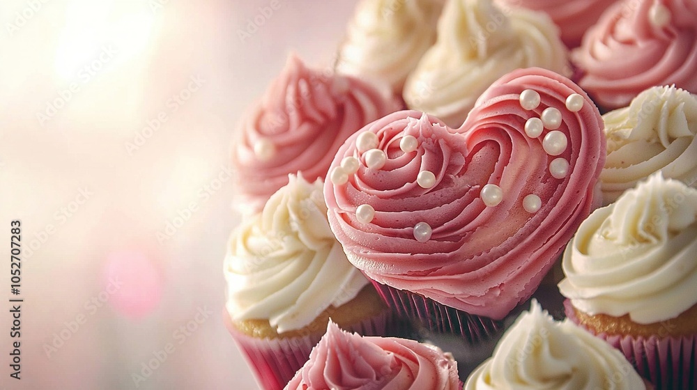 A close-up of multiple cupcakes with heart-shaped frosting on a pink background A close-up of multiple cupcakes with heart-shaped frosting on a pink background