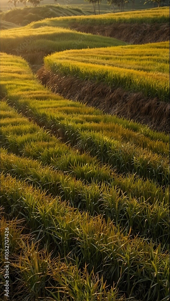 Golden rice field swaying in evening sunlight Golden rice field swaying in evening sunlight