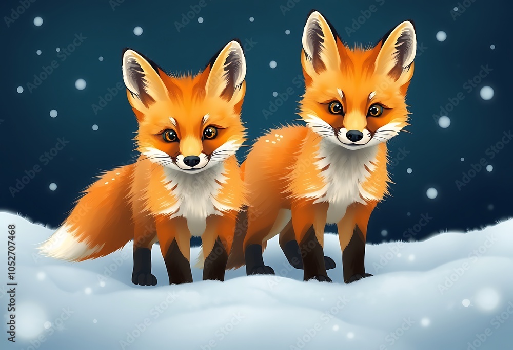 Obraz premium two small cute foxes in the snow,illustration,animals in the snow