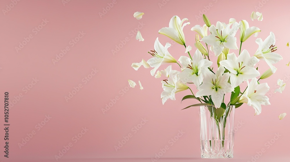 Naklejka premium A white-filled glass vase perched atop a pink table, alongside another vase brimming with white blossoms