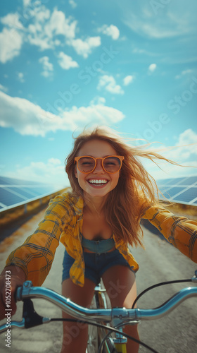 young girl with glasses riding a bicycle outdoors in a field with solar panels, emphasizing clean, renewable, and sustainable energy