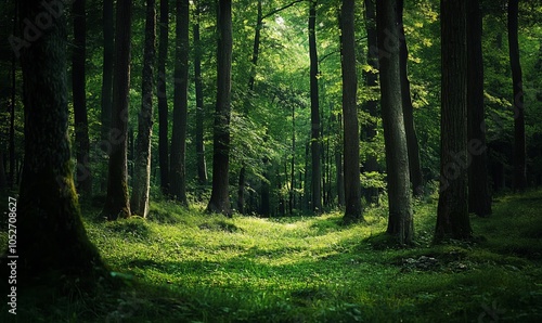 A lush green forest with many trees