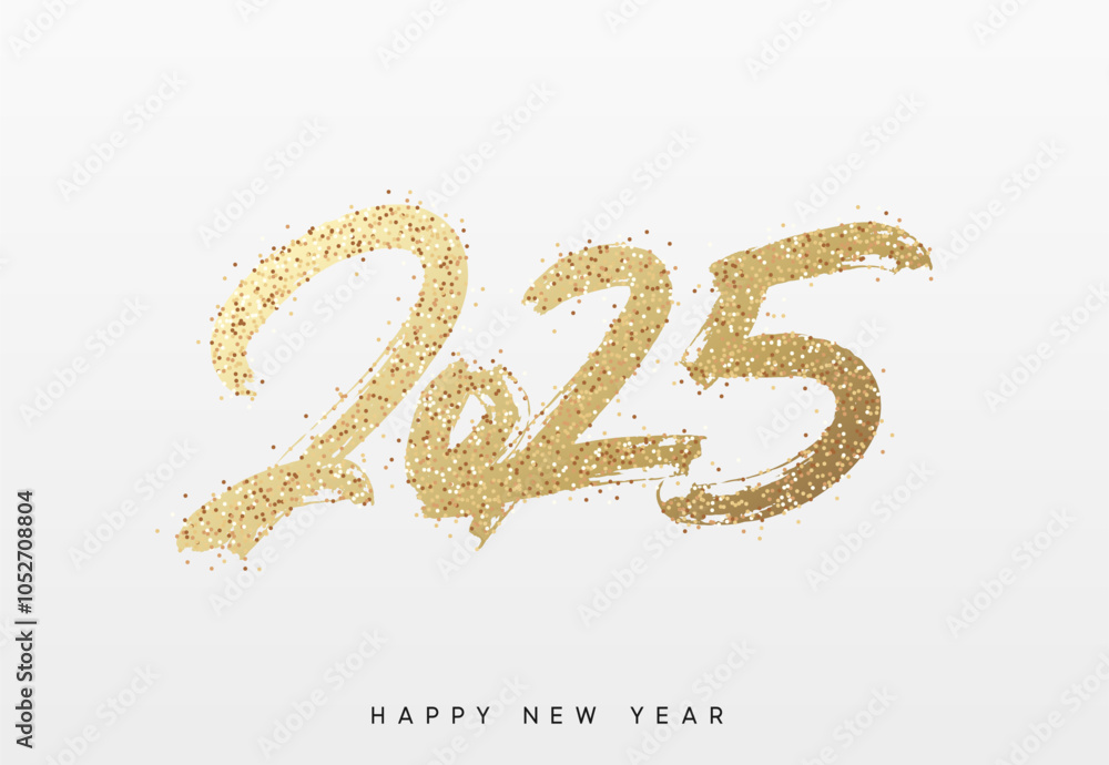 Happy New Year written number golden glitter 2025. Gold glittered 2025 text in a bold, hand painted style on a white background. Vector illustration Happy New Year written number golden glitter 2025. Gold glittered 2025 text in a bold, hand painted style on a white background. Vector illustration