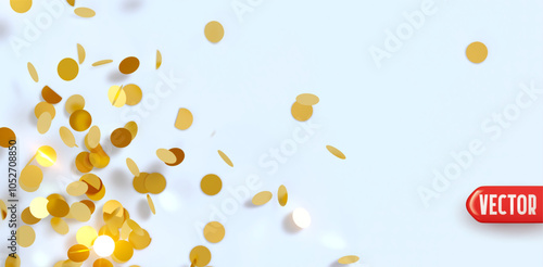 Golden confetti falling on light blue background. Confetti realistic round flat design for banners or party themes. Bright festive tinsel of gold color. Vector illustration photo