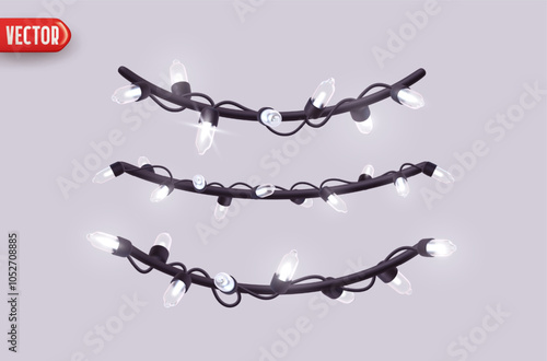 Festive Christmas Blue string lights brightly glowing. Realistic 3d New Year decorations garland isolated on rich gray background. vector illustration