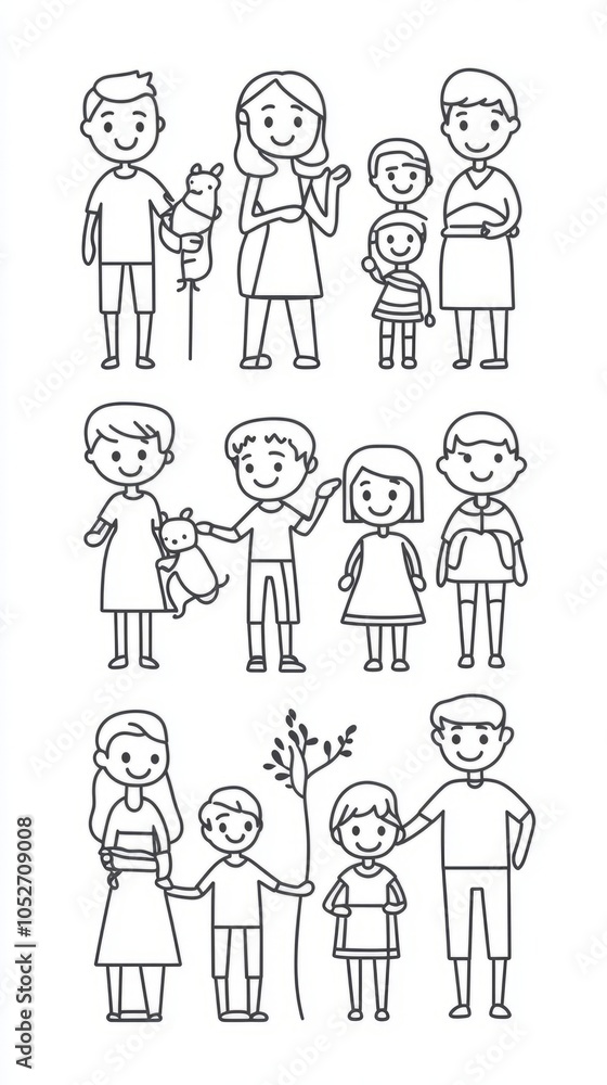 Hand-Drawn Illustrations of Diverse Family Groups in Various Poses Hand-Drawn Illustrations of Diverse Family Groups in Various Poses