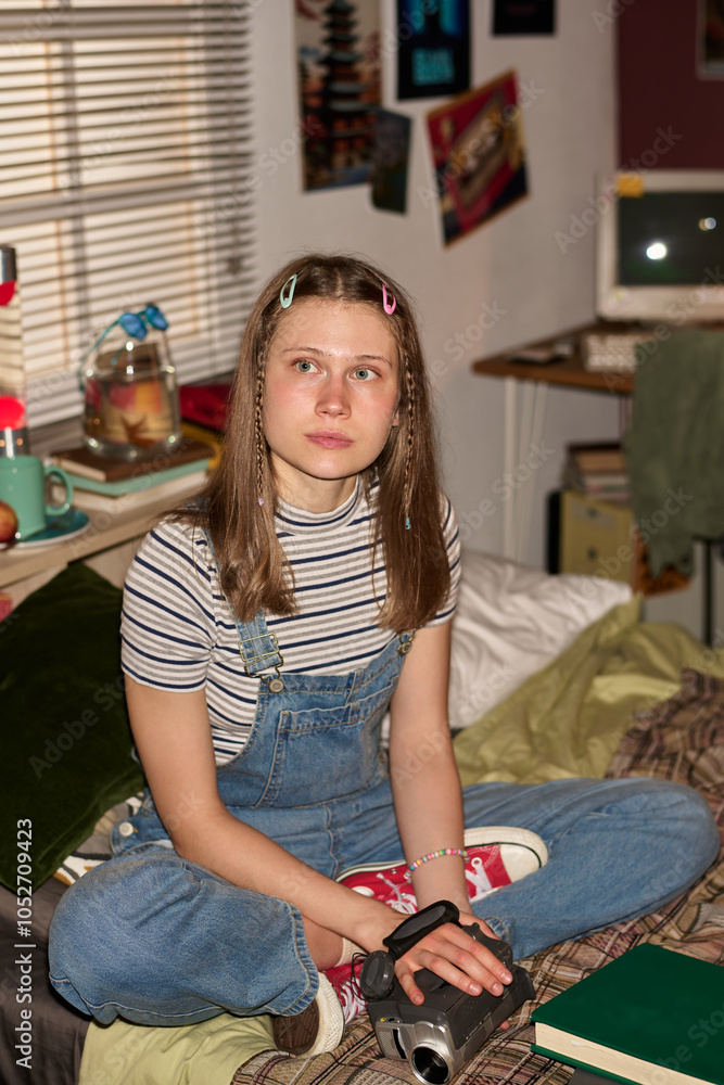 Portrait of a young girl sitting on bed while holding a camera, wearing retro denim overalls and striped shirt, surrounded by books, posters, and various gadgets Portrait of a young girl sitting on bed while holding a camera, wearing retro denim overalls and striped shirt, surrounded by books, posters, and various gadgets